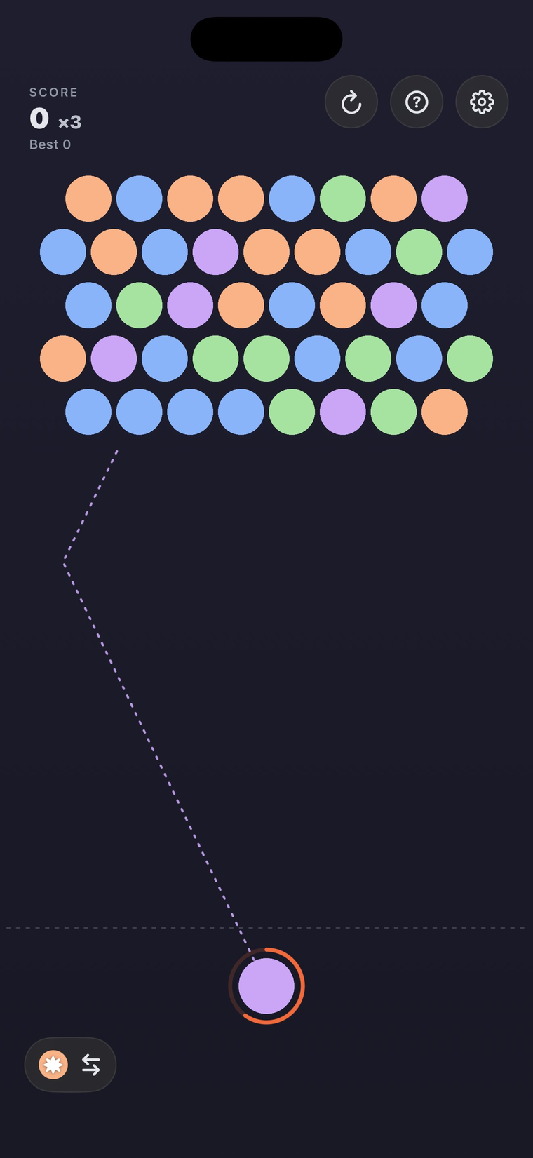 Burst gameplay: a grid of coloured bubbles at the top, a dashed aim line, and a purple bubble ready to fire from the bottom.